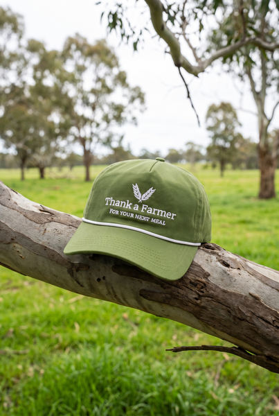 Olive rope cap with white Thank a Farmer embroidery on gum branch